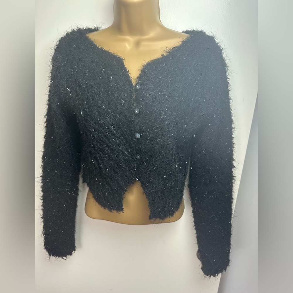 Citybreeze Black Shimmer Fuzzy Y2K Vintage‎ Inspired Floral Buttons Cardigan M